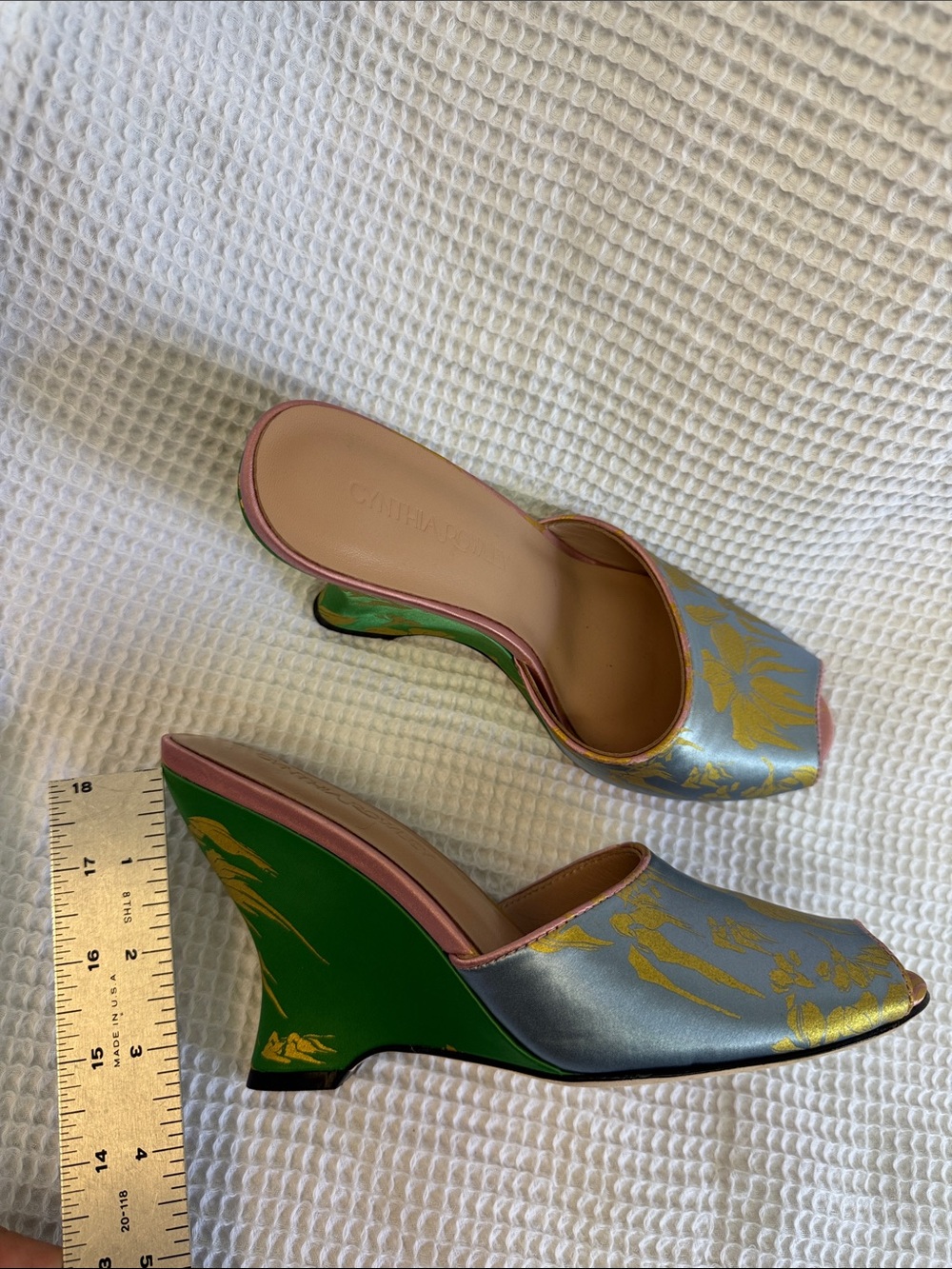 Floral Peep-Toe Wedge Mules in Blue, Green with pink accents - Picture 6 of 6